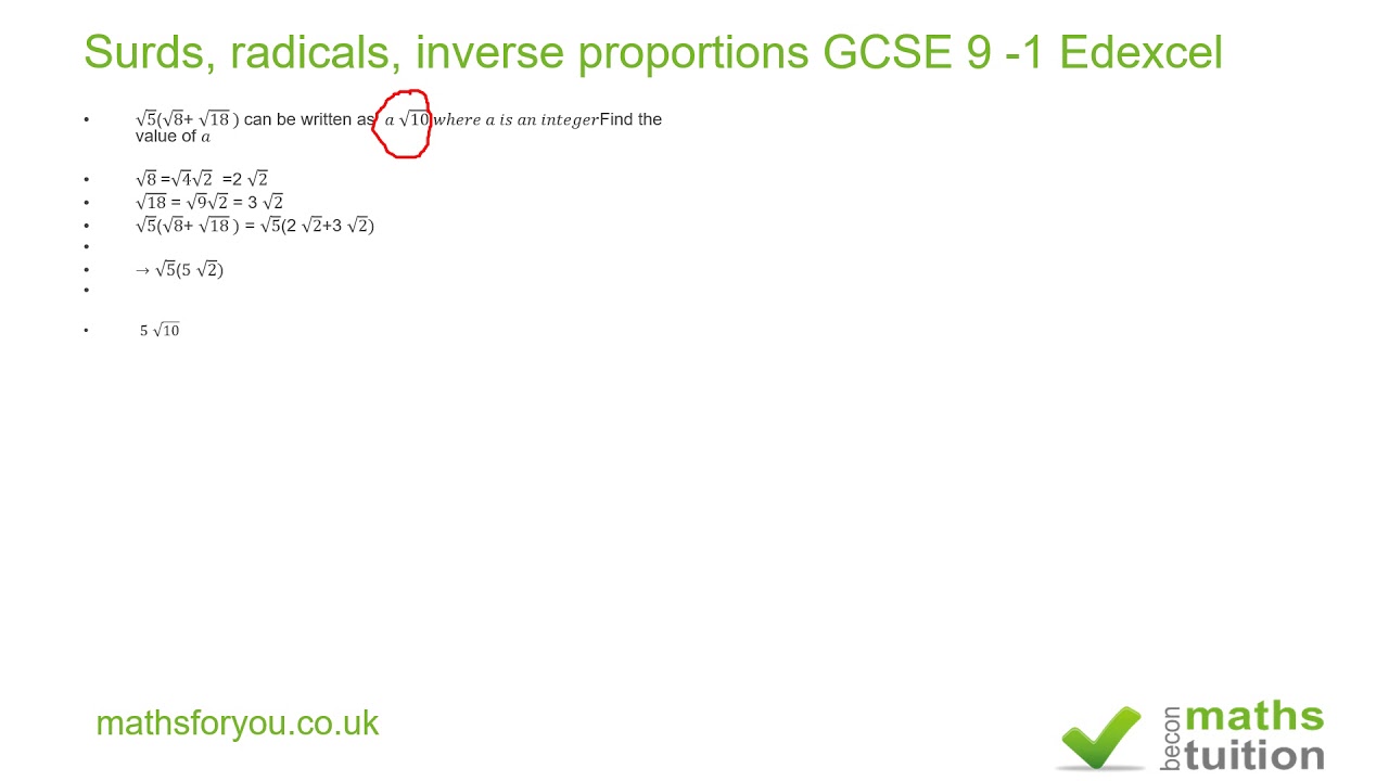 Radical Inverse Surds, radicals, inverse proportions GCSE 9 1 Edexcel - YouTube