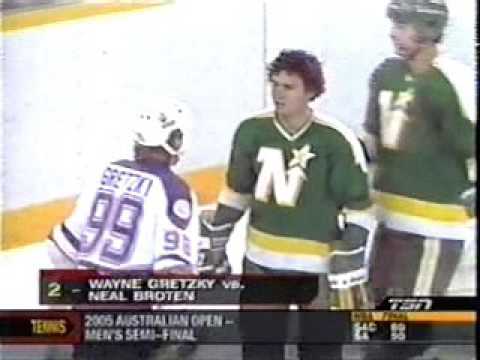 Gretzky fights Neal Broten - his only NHL fight without gloves on caught on tape