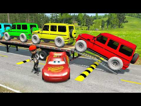 TRANSPORTING PIXAR CARS & FRUITS WITH COLORED & JOHN DEERE vs CLAAS vs TRACTORS - BeamNG.drive #962