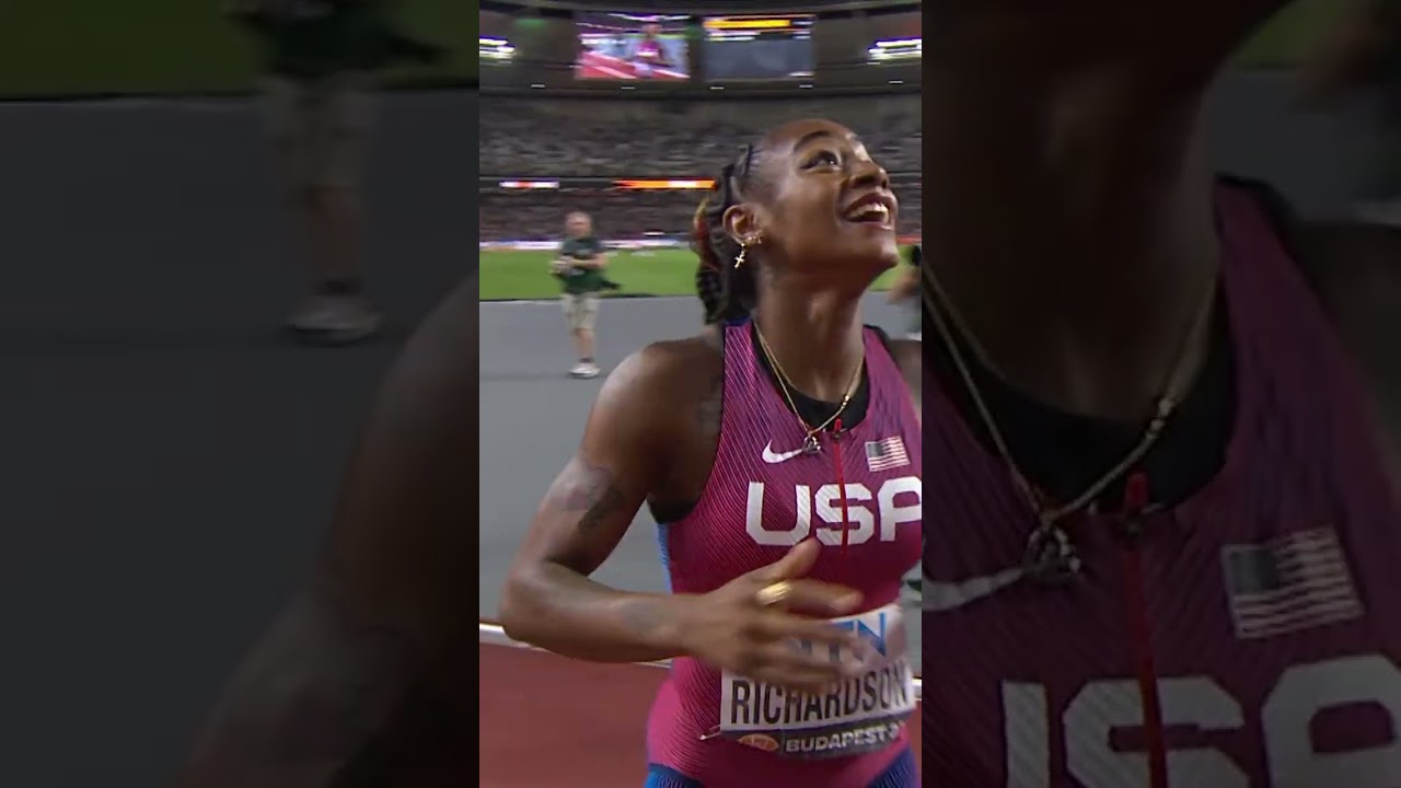 From nowhere in lane 9 🫨 Sha'Carri Richardson winning 100m gold in Budapest #WorldAthleticsChamps