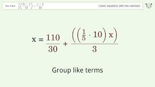 Solve 1/3((2x-1)/10)=(x-4)/10: Linear Equation Video Solution | Tiger Algebra