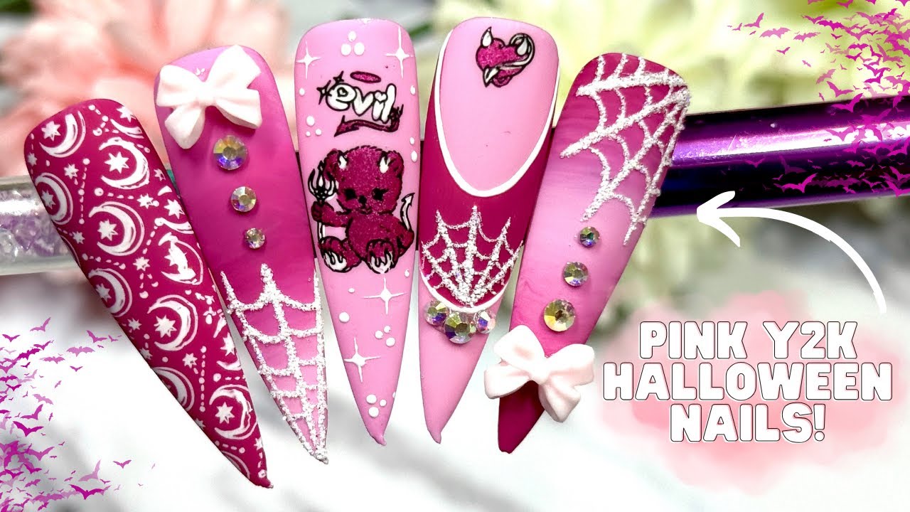 PINK CUTE Y2K HALLOWEEN NAIL ART TUTORIAL| SPIDER WEB| HALLOWEEN AUTORA NAILS| NAIL STAMPING