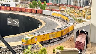 30 feet long Union Pacific model train at AEWRR. Four locomotives, forty boxcars and one caboose.