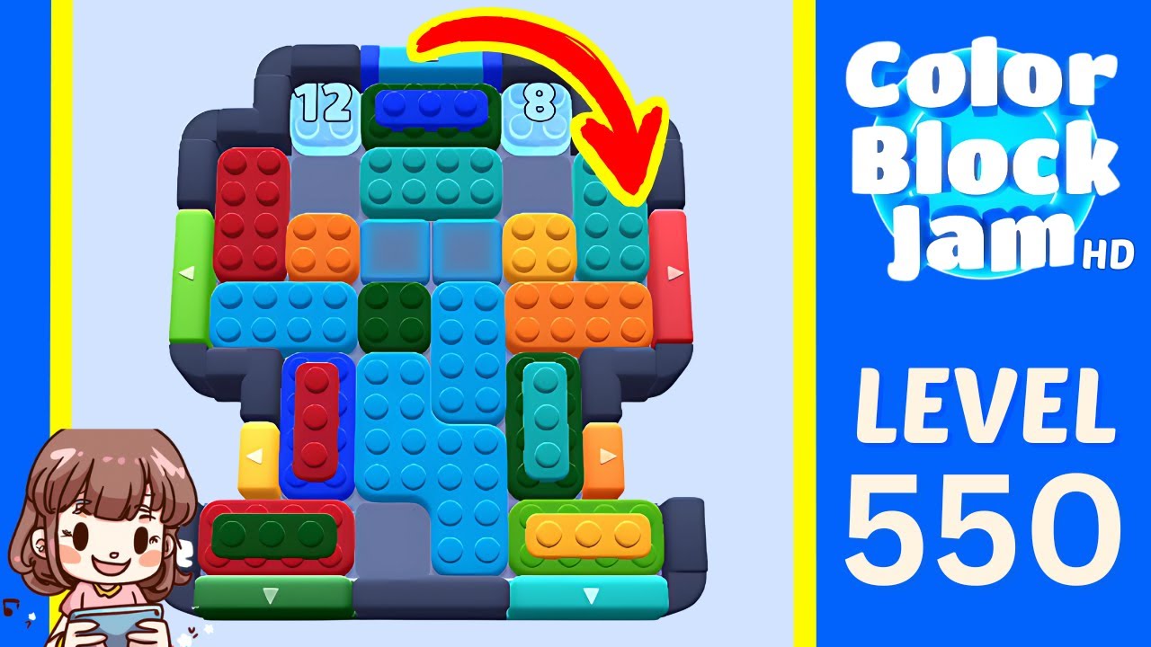 Color Block Jam Level 550 Visible Level 550 board with top countdowns 12 and 8 and lower green/cyan exits opening frame