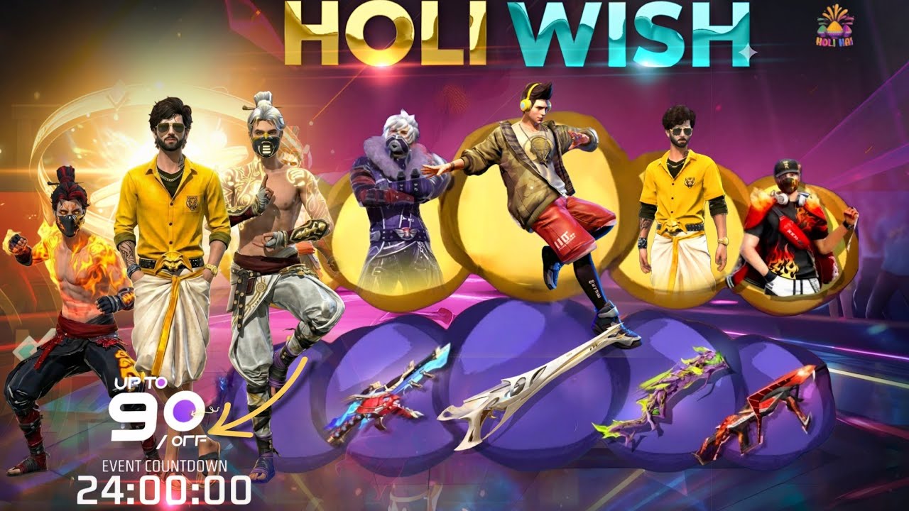 HOLI WISH EVENT, M1887 SKIN, GOLDEN SHADE RETURN, POCKER MP40, FREE FIRE NEW EVENT, FF NEW EVENT
