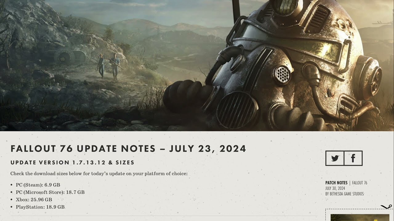 07/30/24 Hotfix Notes Fallout 76 Servers Down for hotfix FO76