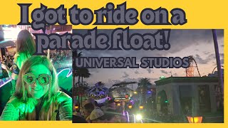 How can you ride one of the floats in the Mardi Gras parade at Universal??
