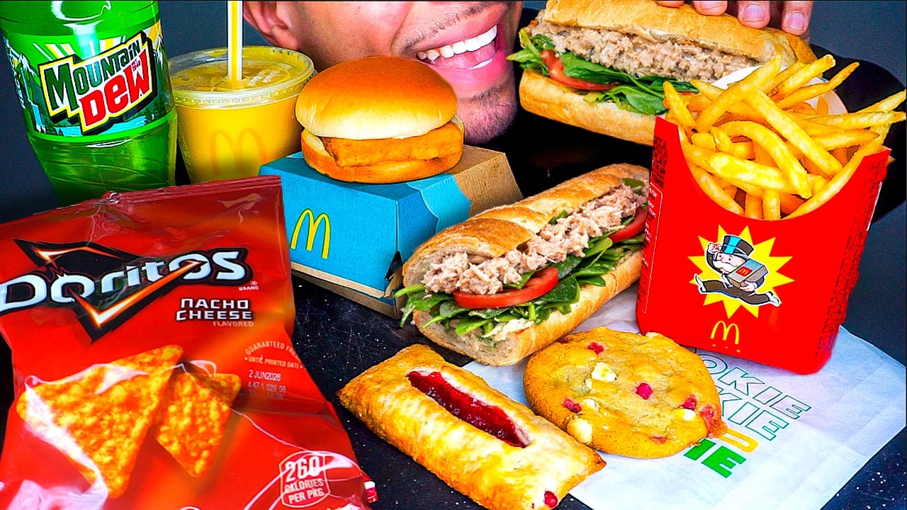 MCDONALD’S VS SUBWAY CHEESEBURGER 6 INCH TUNA SANDWICH DORITOS CRUNCHY CHIPS FRENCH FRIES EATING MUK