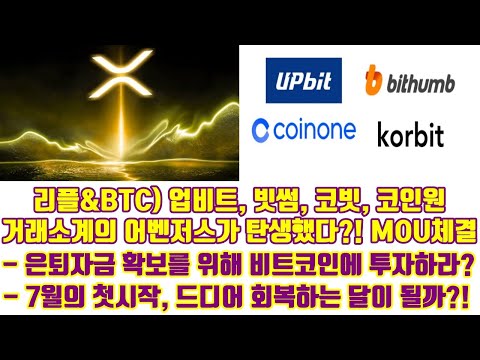   리플 비트코인 업비트 빗썸 코빗 코인원 거래소계의 어벤저스가 탄생했다 4대 거래소 MOU체결 은퇴자금 확보를 위해 비트코인에 투자하라 7월의 첫시작 드디어 회복