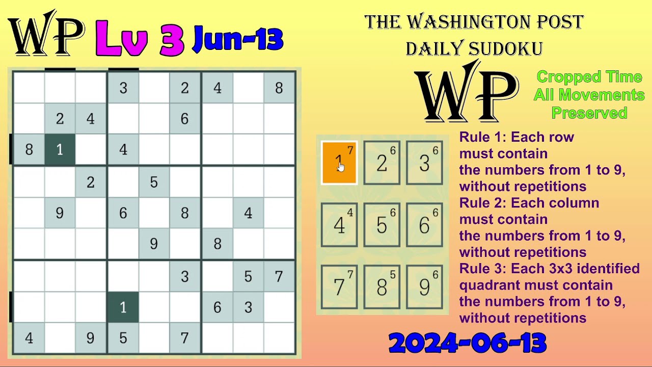 The washington post daily sudoku 2024 06 13 level 3 youtube