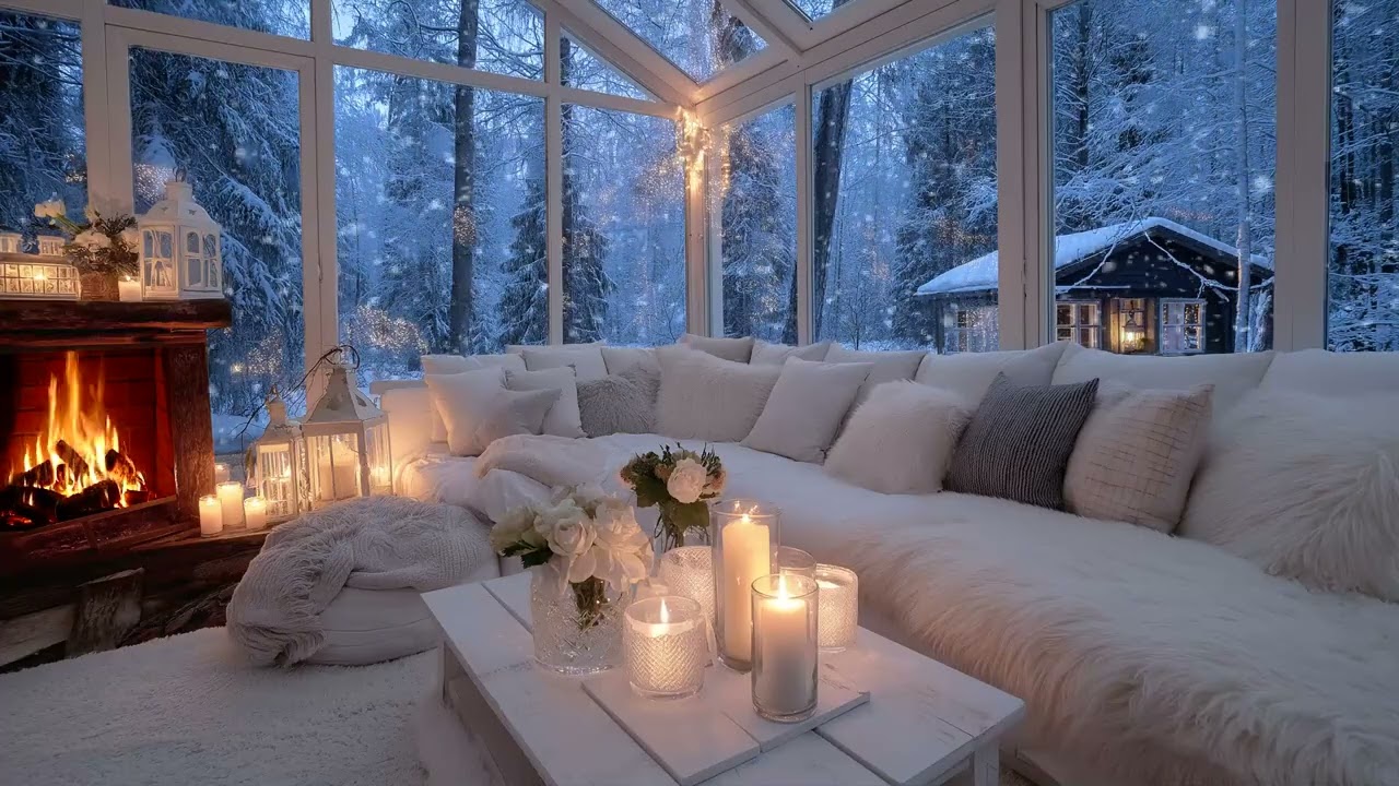 🌸🎹 Flickering Candlelight & Peaceful Winter Piano | 5H Snowfall Outside White Lounge | Stress Relief