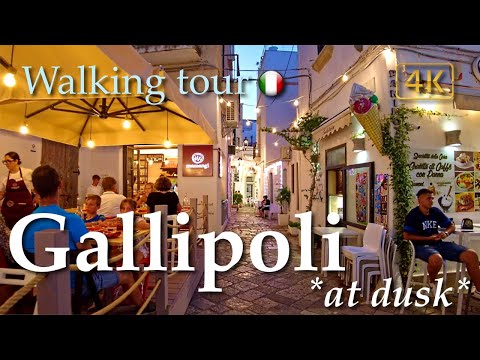 Gallipoli at dusk (Puglia), Italy【Walking Tour】History in Subtitles - 4K