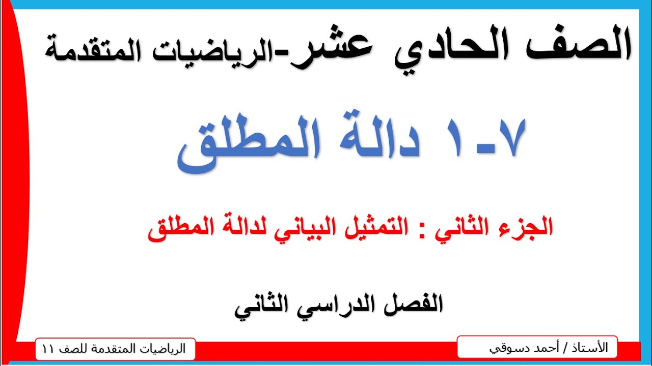 7 - 1 دالة المطلق /التمثيل البياني لدالة المطلق/ الصف الحادي عشر / الرياضيات المتقدمة / الاستاذ أحمد