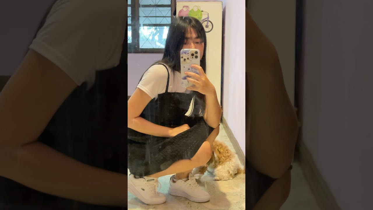 white shirt + black dress and little doggy 