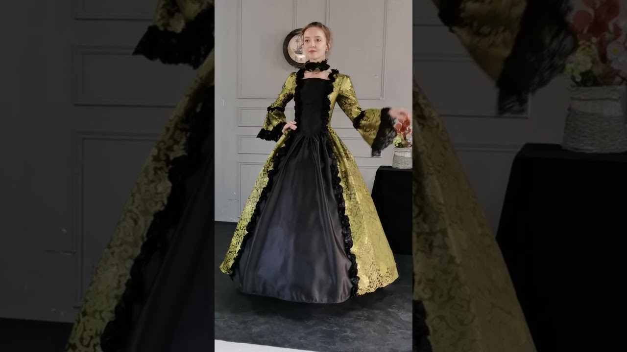 Newest Renaissance Gold Black Floral Brocade Victorian Dress 1860s Historical Masquerade Ball Gowns