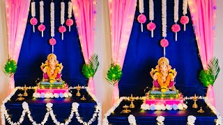 Pink Blue Ganpati Decoration ideas at Home | Easy Ganesh Festival Decoration ideas | Garland Making