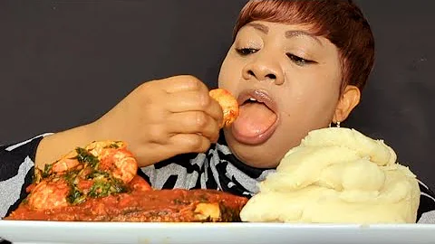 ASMR FISH PRAWNS VEGETABLE SOUP WITH POUNDED YAM FUFU AND STEW MUKBANG SOUND EATING