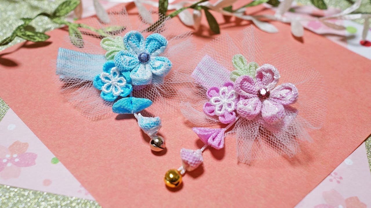 ポリエステルのレースと一越ちりめんで丸つまみ/つまみ細工/下がり付きクリップの作り方/DIY vol.22