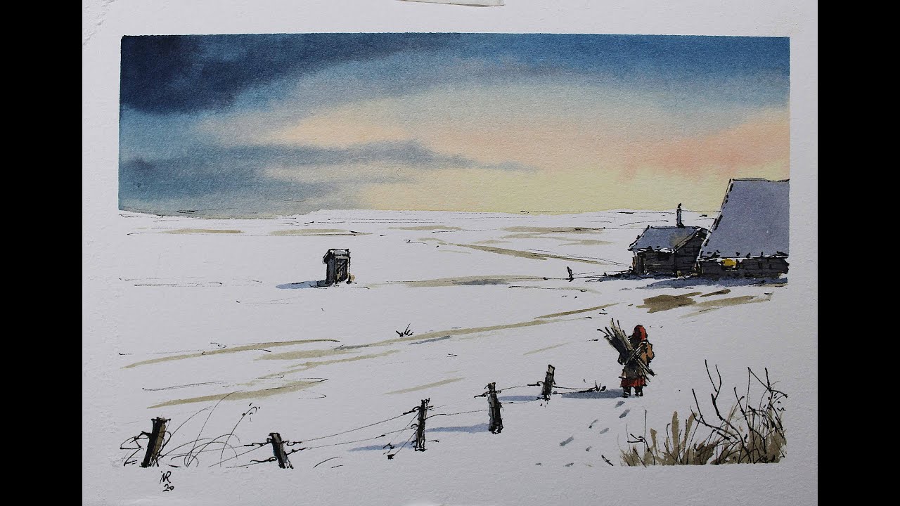 Line and Wash winter scene,crooked lines watercolor in Full Real Time ...