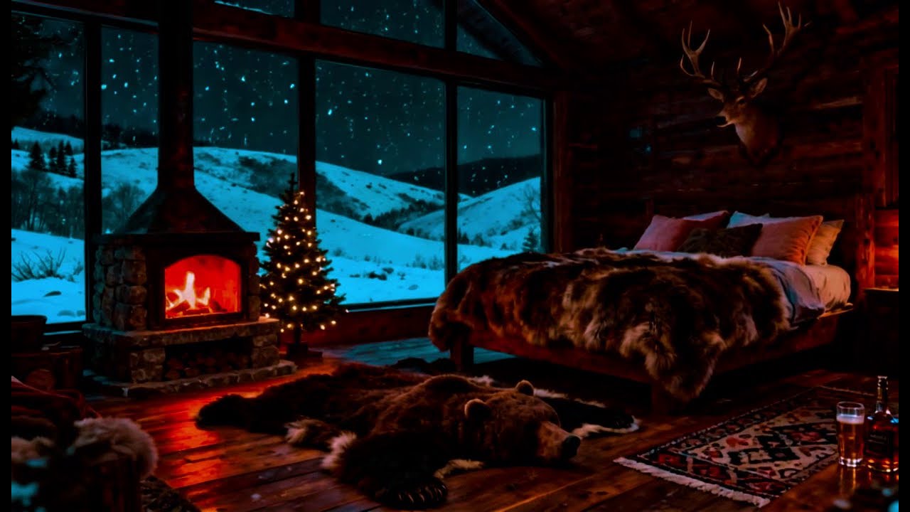 Cozy Holiday Winter Cabin Ambience 🔥 Crackling Fireplace & Soft Falling ...