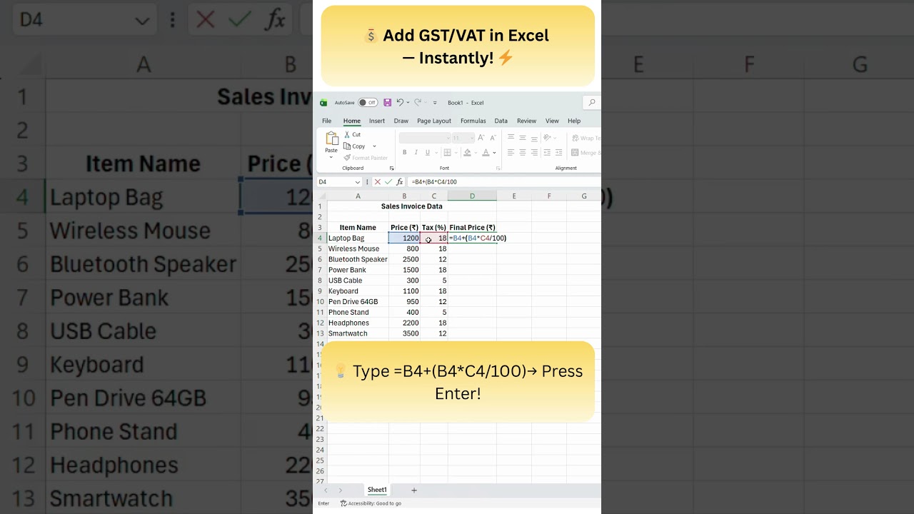 ⁣💰 Add GST/VAT in Excel — Instantly! ⚡#Shorts