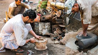 Technical Man Making Water Pump Body Casting Process Using Sand Mold Techniques