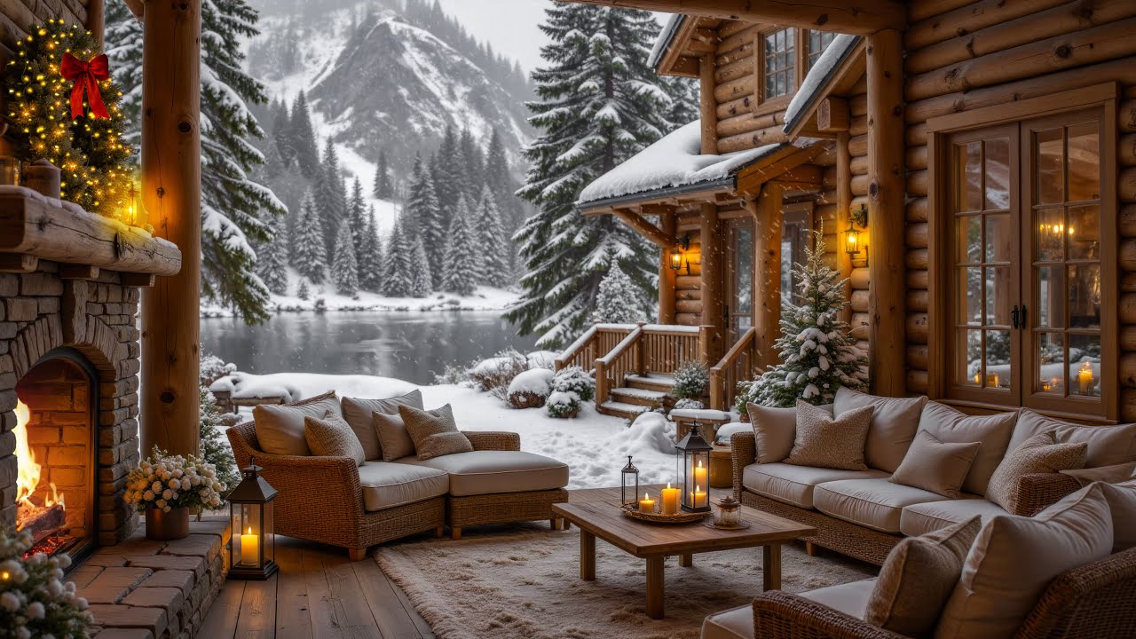 Snowfall at Cozy Winter Cabin Ambience ❄️ Slow Piano Music & Fireplace Sounds for Relaxation