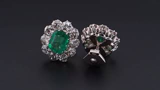 Art Deco 3.16 Ct Certified Colombian Emerald 4.40 Ct Old Mine Diamond Stud Earrings