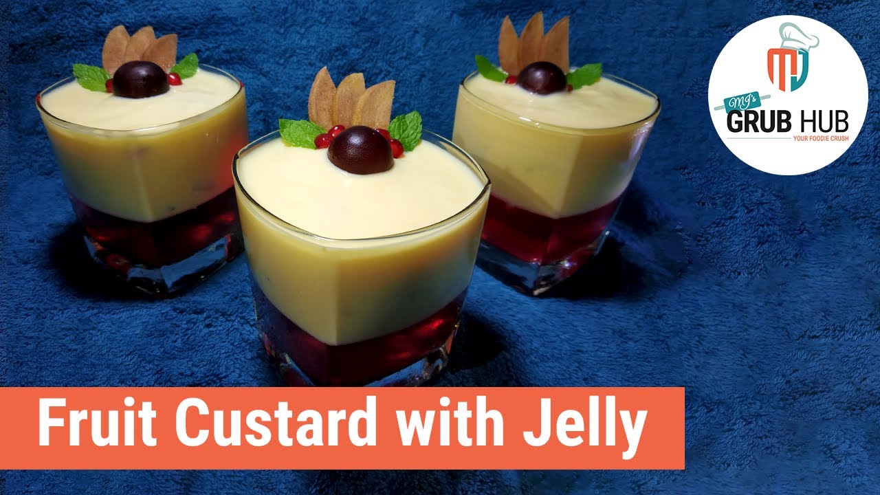 Fruit Custard with Jelly Layered Jelly and Custard Dessert with Fresh
