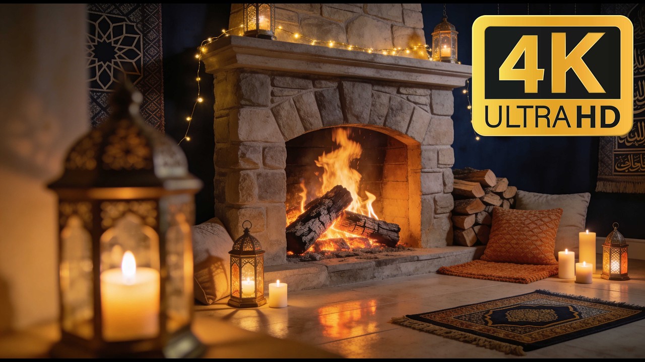 12H Ramadan Night Fireplace 4K 🌙 Lantern Light & Peaceful Crackling Fire (No Music)
