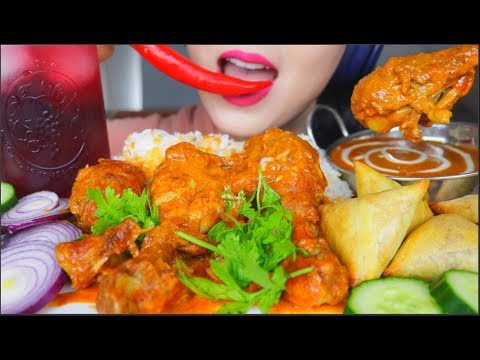 ASMR BUTTER CHICKEN CURRY + SAMOSA + CHILLI + ONION + RIBENA |   咖喱饭 咀嚼音 먹방