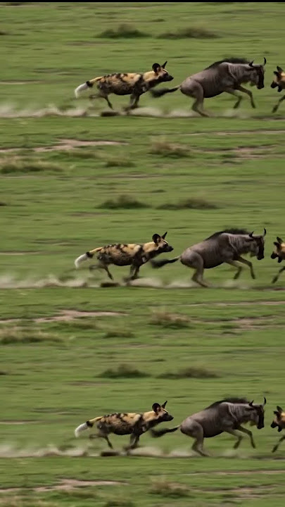 African Wild Dogs vs. Wildebeest: Epic Chase on the Plains! #AfricanWildDogs #Wildebeest #Painted