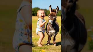 Cute Baby and Mini Donkey Laughing and Jumping 😍#funny #cute #donkey #viralvideo