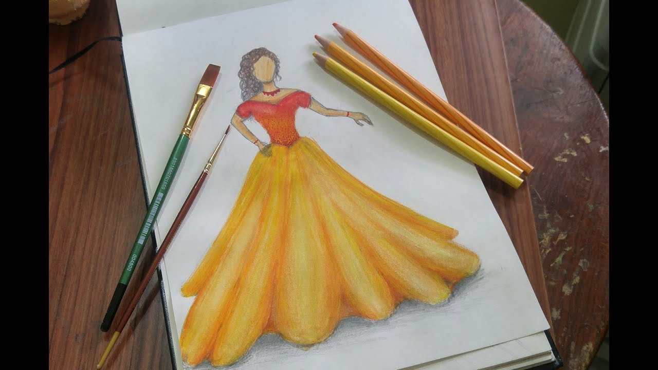 Fashion Sketching - Orange Ball Dress 
