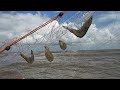 jaring udang di pantai banyak udang melekat di jaring