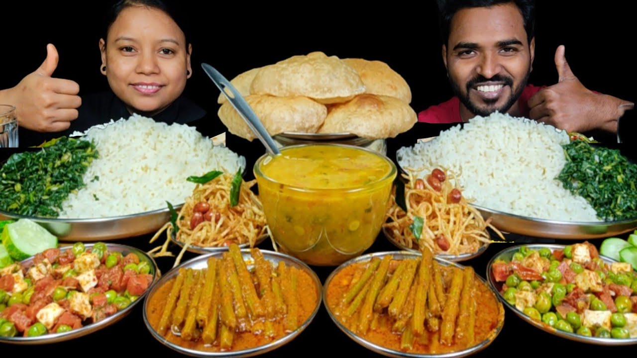 Masala Drumstick, Matar Paneer, Jhuri Aloo Bhaja, Puri, Dal Bhat | Asmr Eating | Couple Eating Show