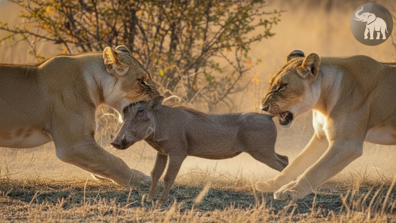 El león ataca a un jabalí africano… pero no termina bien para el león 