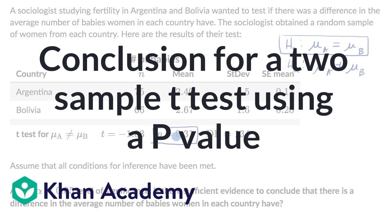 Conclusion for a two-sample t test using a P-value (video)  Khan