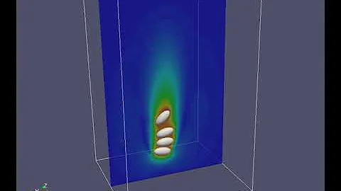 Sedimentation of four non-spherical particles in a box (lattice Boltzmann simulation)