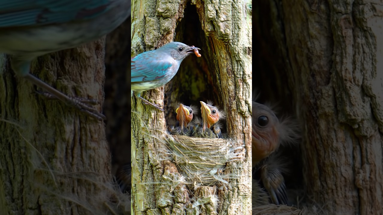 Blue warbler feeding chicks 