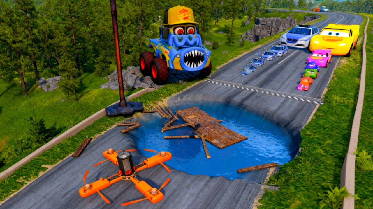 Big & Small McQueen & Police Car vs Zombie Mack, Giant Bulge & Hammer Downhill Race – BeamNG.drive