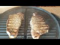 Cooking two MIGHTY 20 oz. New York Strip Steaks on a George Foreman Indoor / Outdoor Grill