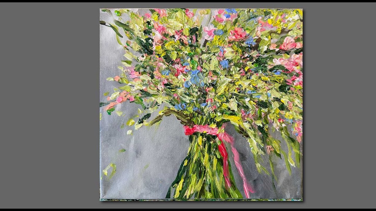 Acrylic palette knife painting bouquet of flowers