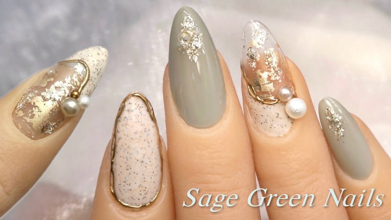 Classy Beige and Sage Green Nails 💅 white Gold | Nail art design