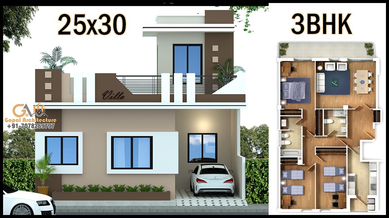25'-0"x30'-0" 3D House Design With layout Plan | 25x30 3BHK 3D House ...