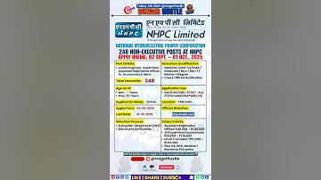 NHPC Non-Executive Recruitment 2025 – Apply Online | 248 Junior Engineer  Posts | #shorts #job #govt