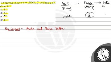 An aqueous solution of \( 0.1 \mathrm{MNH}_{4} \mathrm{Cl} \) will have a \( \mathrm{pH} \) clos...