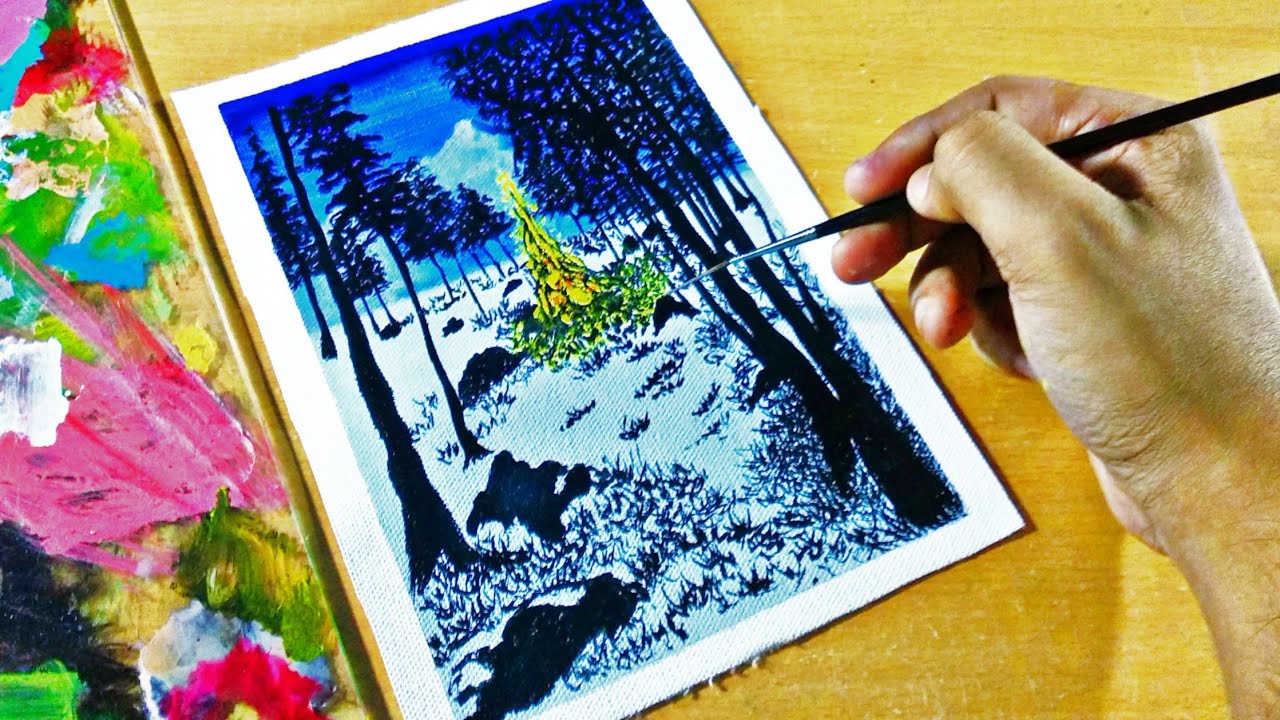 Winter bonfire forest painting | Acrylic painting tutorial | Acrylic painting for beginners| scenery