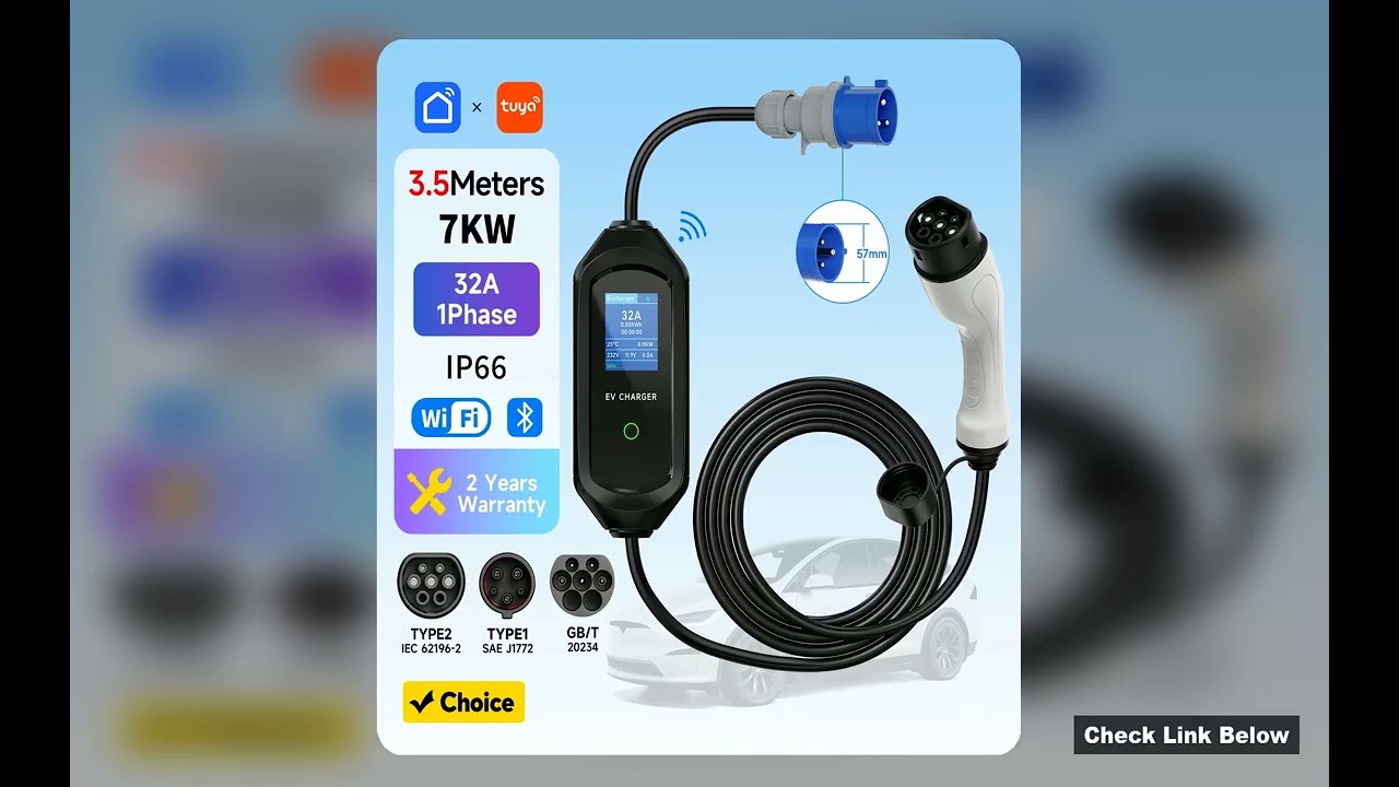 7KW Portable EV Charger Type2Type1GBT Electric Car Charger 32A 1Phase Wallbox Fast Charging Cable Wi