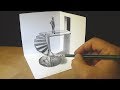 Drawing Spiral Stairs - How to Draw 3D Caracole - Anamorphic Corner Art - Vamos